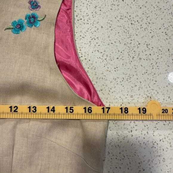 Vintage Beige Floral Embroidered Dress Maxi Sleeveless Size 12 Linen Elegant - Picture 8 of 9